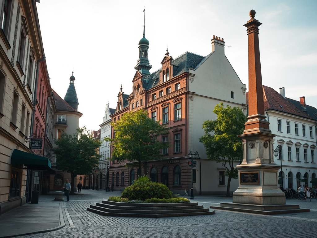 Panorama historycznego miasta Leszna z zabytkową architekturą i wieżą kościoła w tle