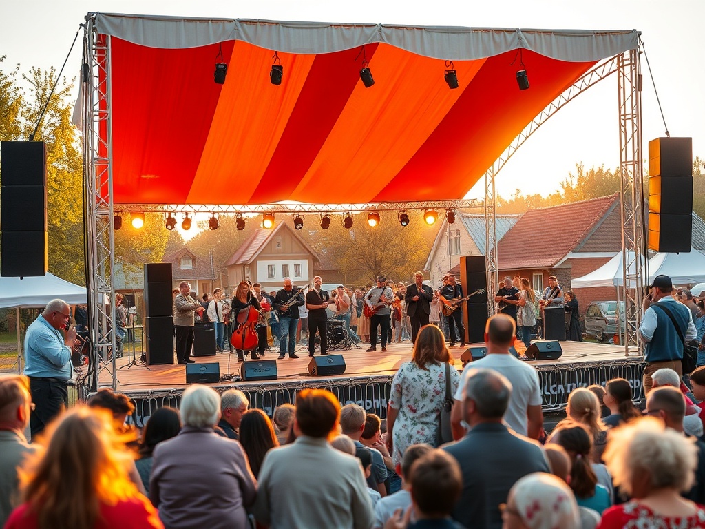 Radosny tłum ludzi w centrum Leszna podczas Prima Aprilis, z kolorowymi dekoracjami i śmiechem na twarzach