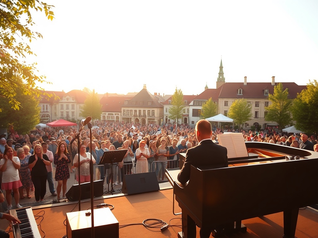 Scena festiwalowa podczas I Międzynarodowego Festiwalu Pianistycznego w Lesznie, symbolizująca kulturę i wydarzenia lokalne.